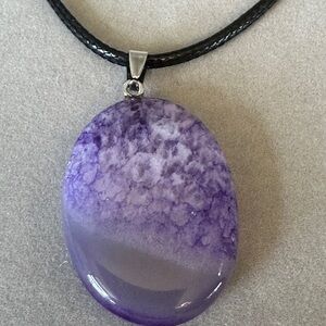 Purple Agate Oval Pendant Necklace Black Cord 18-20”